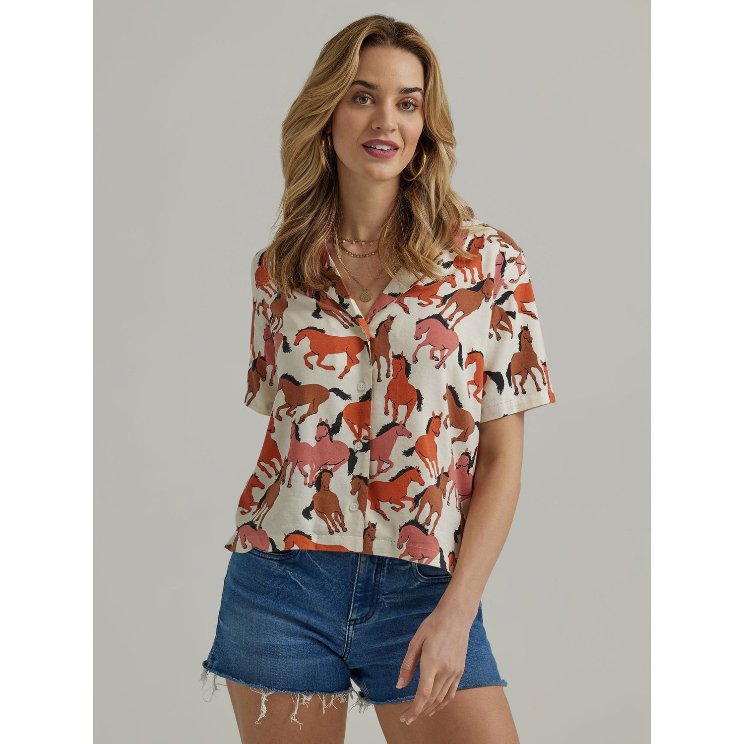 Wrangler Women's Short Sleeve Top - Coconut Horse Multi