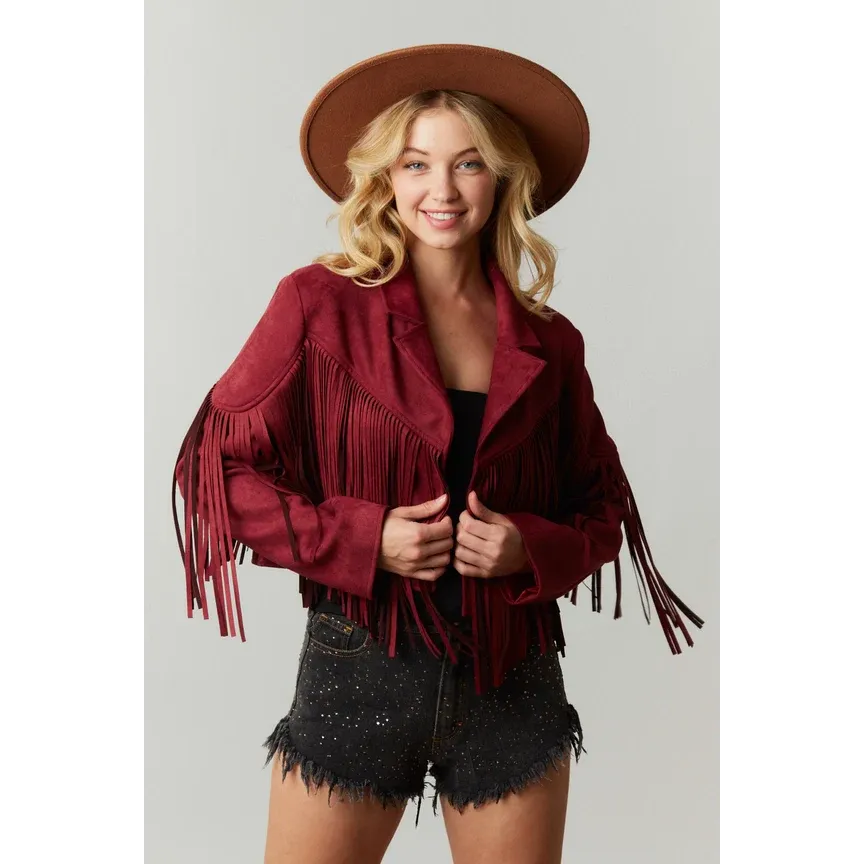 Peach Love Fringed Jacket, Color: Burgundy, Size: S