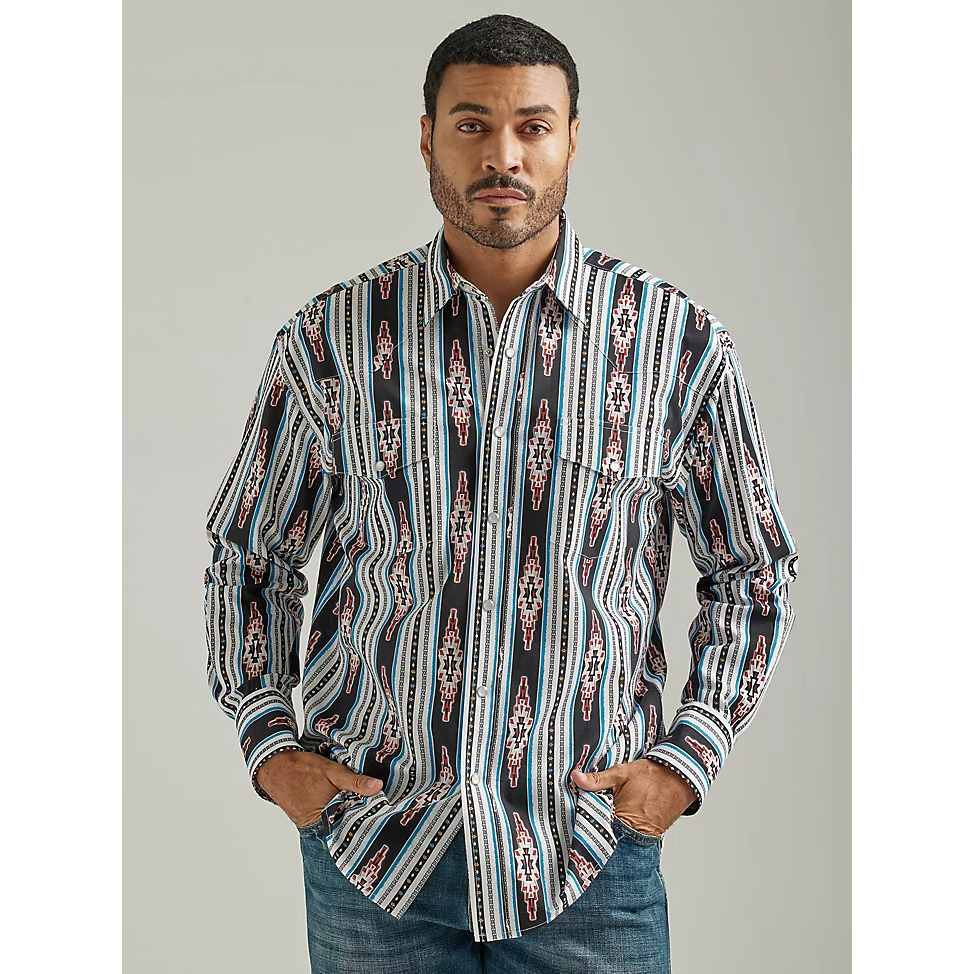 Wrangler Men's Checotah Long Sleeve Western Snap Printed Shirt - Black Diamond
