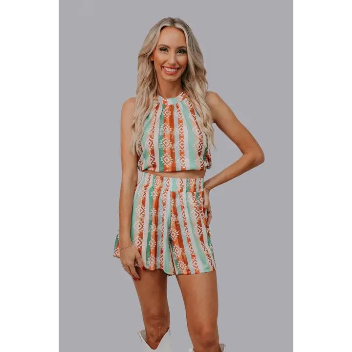 Women's Aztec Halter Top Short Set- Aztec
