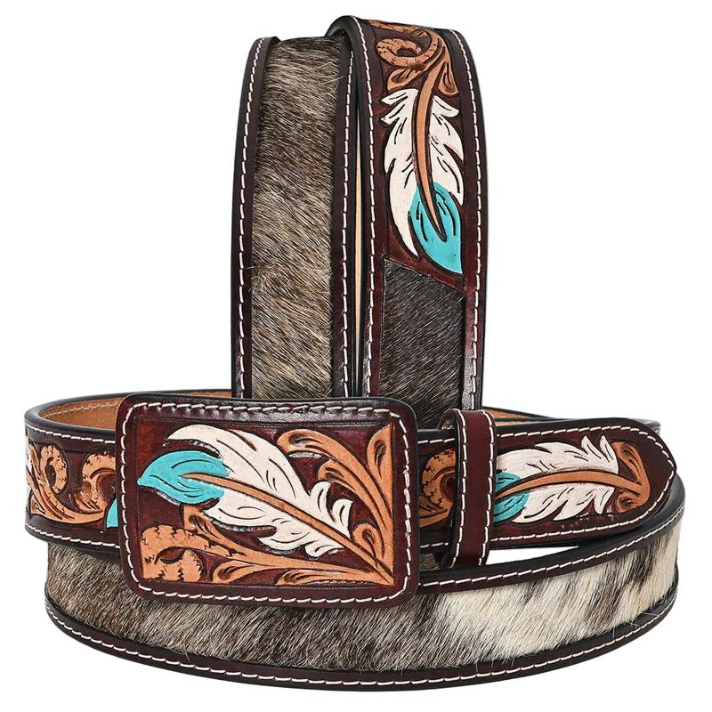 American Darling Feather Tooled Belt with Hair On Hide Inlay
