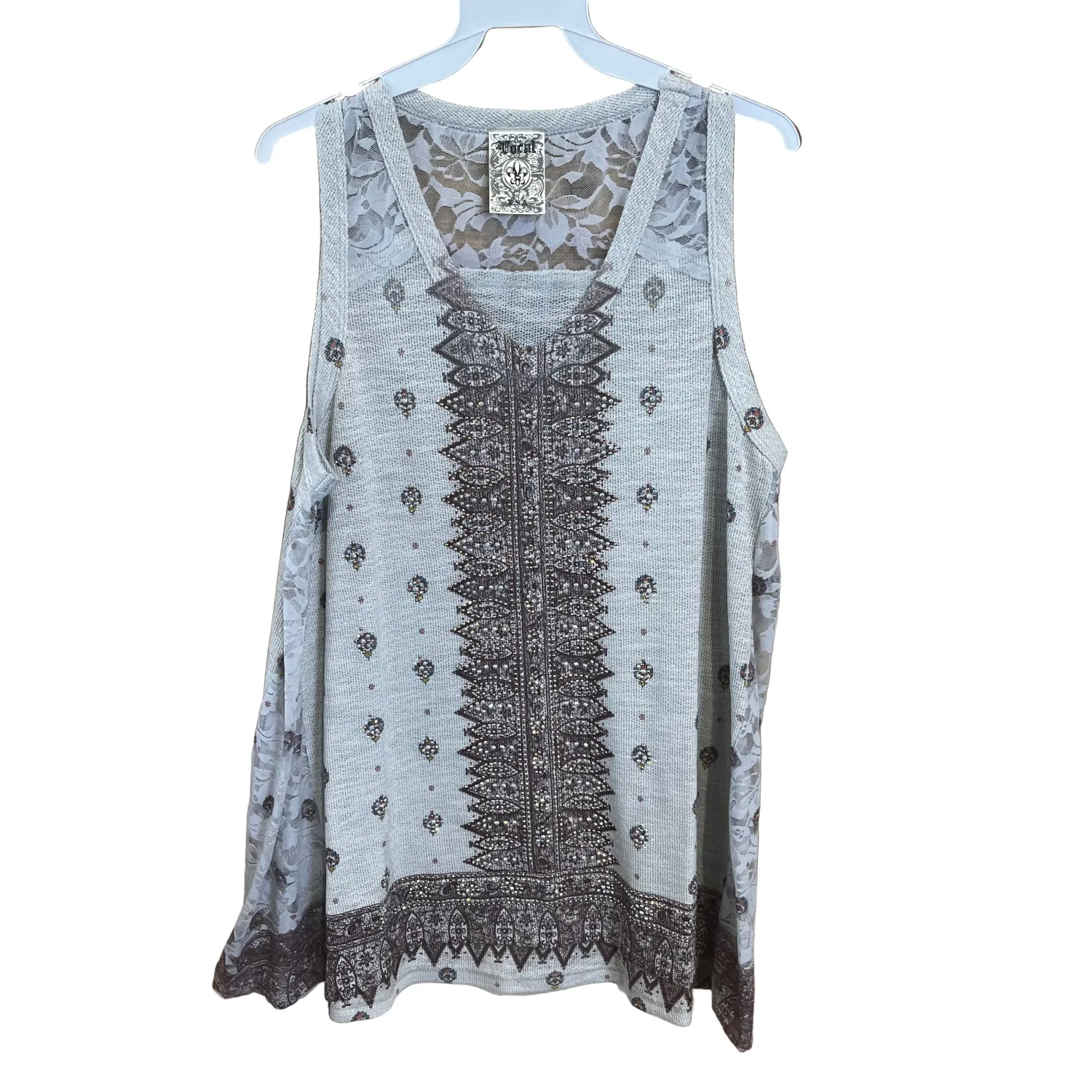 Vocal Apparel Crochet Lace Contrast Print Shirt- Assorted Colours, Colour: Heather Grey, Size: S