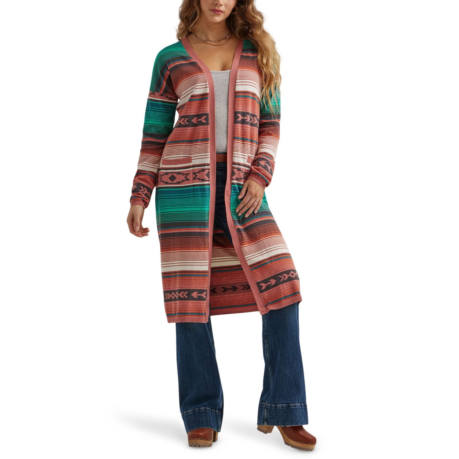 Wrangler Women's Long Sleeve Striped Cardigan - Pink/Green
