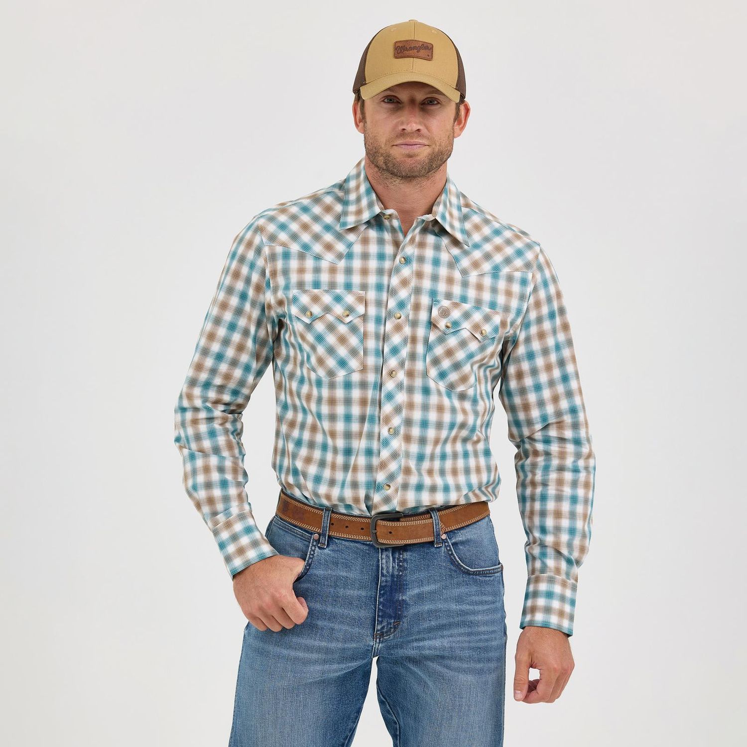 Wrangler Men's Wrangler Retro Modern Fit Long Sleeve Shirt - Turq/Brown