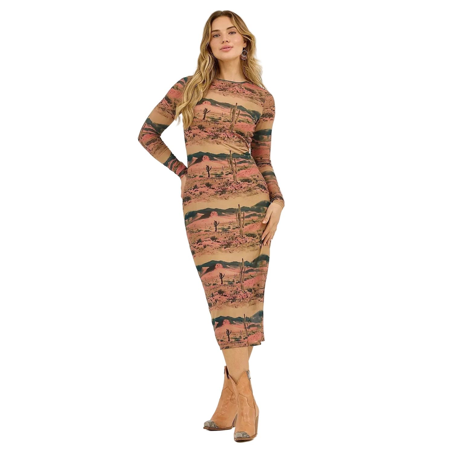Wrangler Women's Desert Print Mesh Maxi Dress - Desert Tan