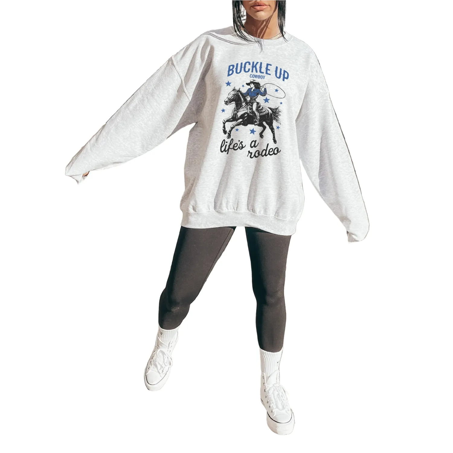 Blonde Ambition Long Sleeve Buckle Up Cowboy Sweater- Ash