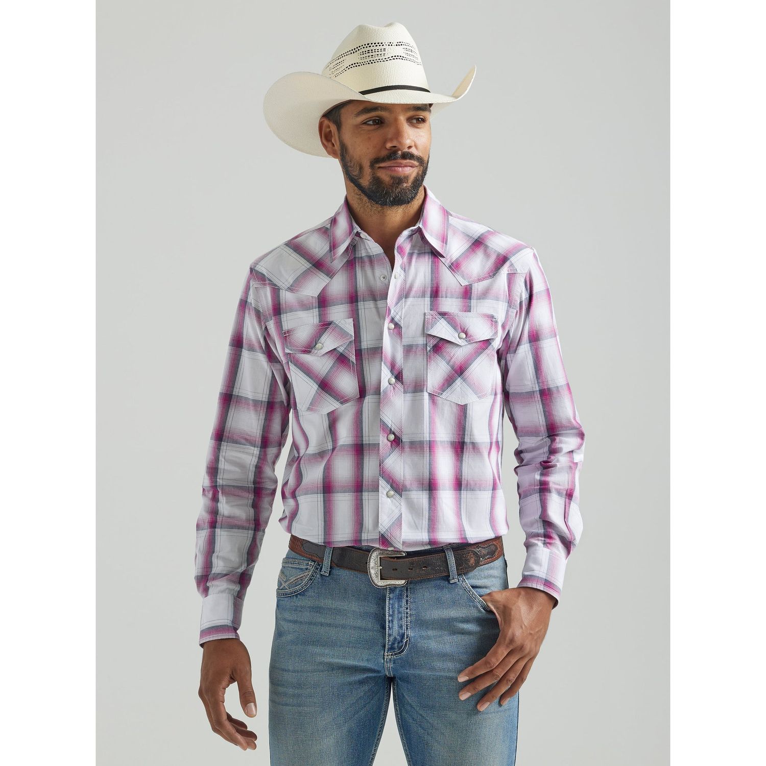 Wrangler Men's 20X Competition Advanced Comfort Long Sleeve Shirt - Pink Plaid