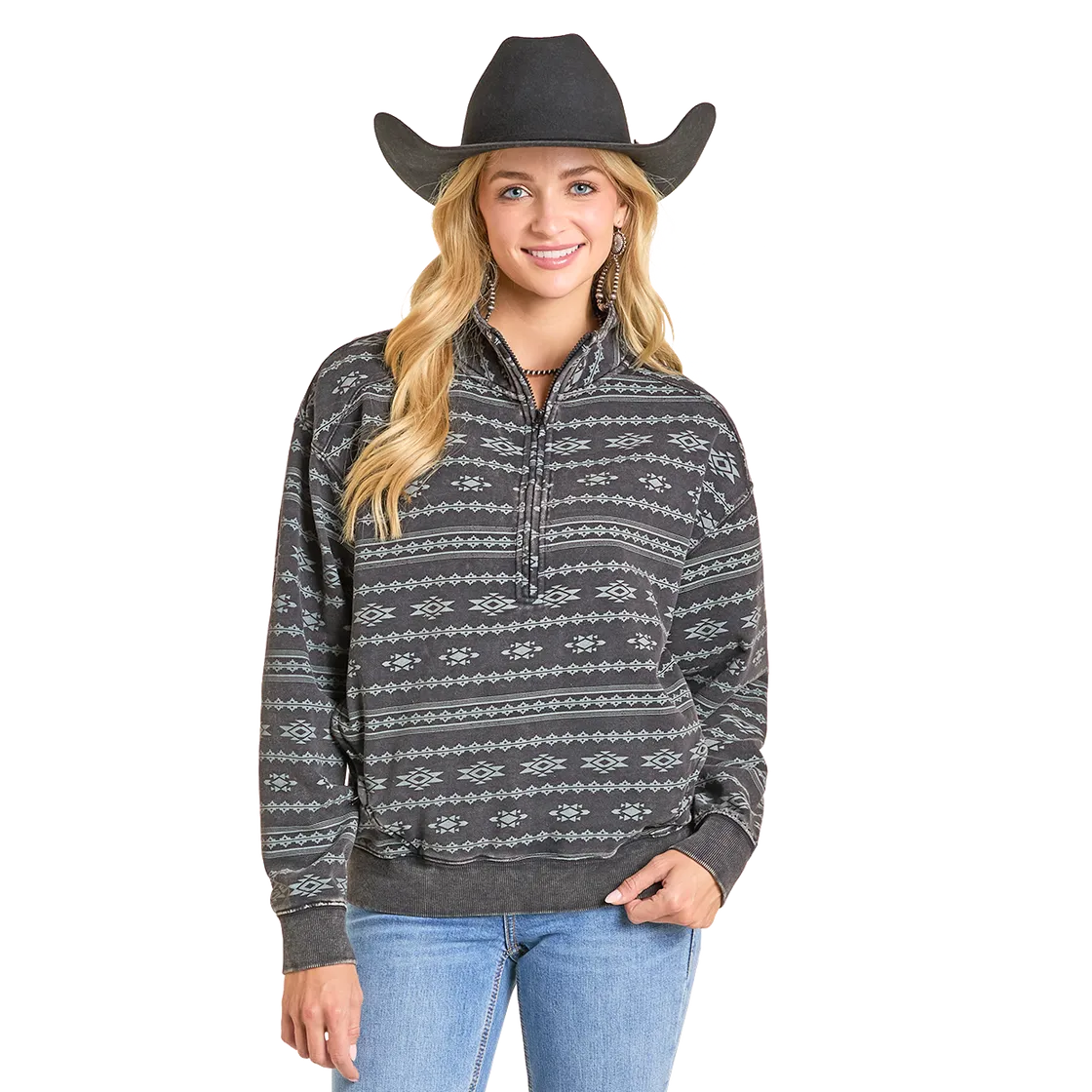 Rock &amp; Roll Women's Aztec Print 1/4 Zip Pullover - Black