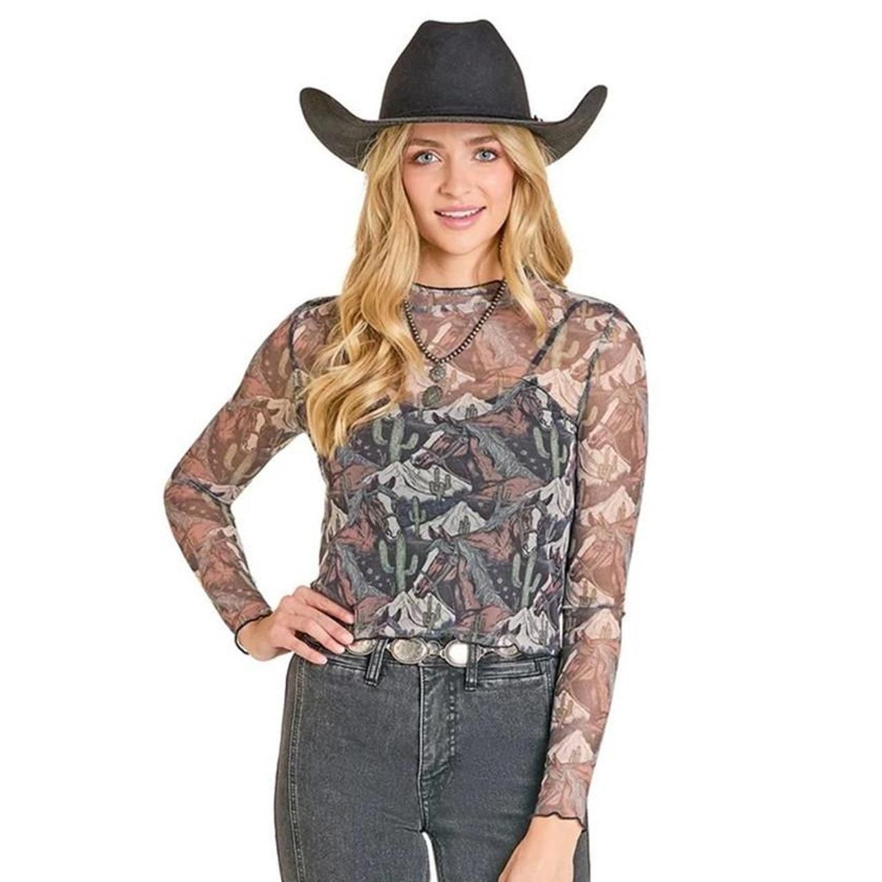 Panhandle Women's Mesh Print Top - Black