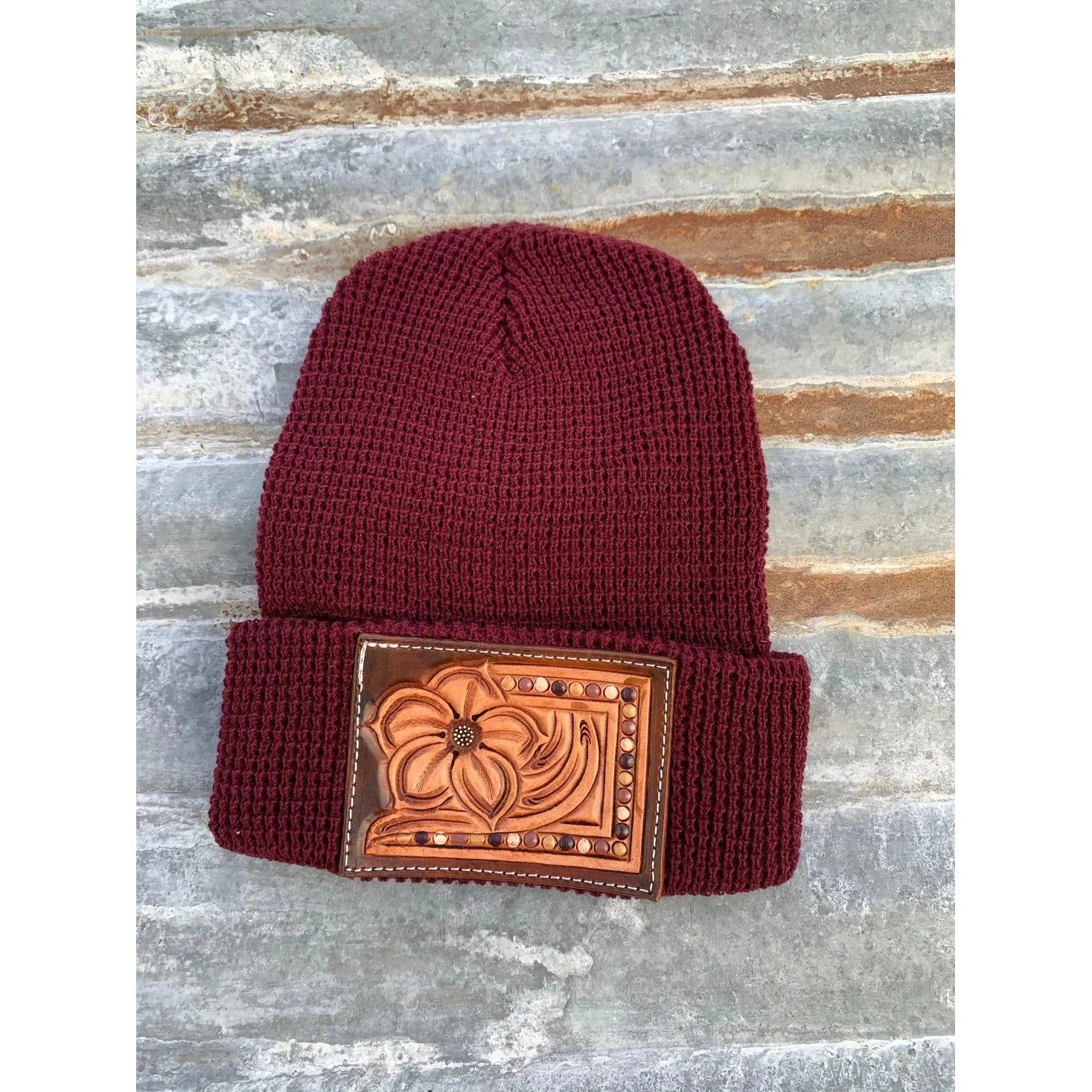 The Rodeo Rose Hand Tooled Leather Patch Knit Stocking Cap