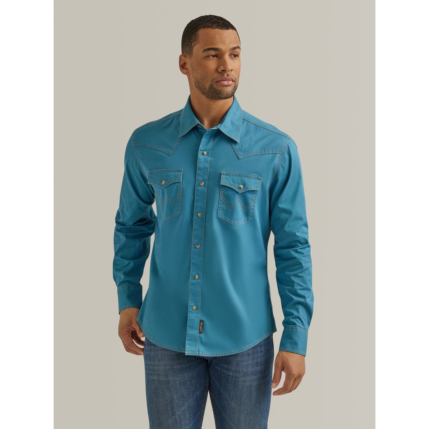 Wrangler Men's Retro Premium Long Sleeve Solid Snap Shirt - Teal