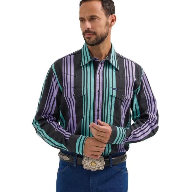 Wrangler Men's Long Sleeve Vintage Inspired Shirt- Brushpopper Stripe