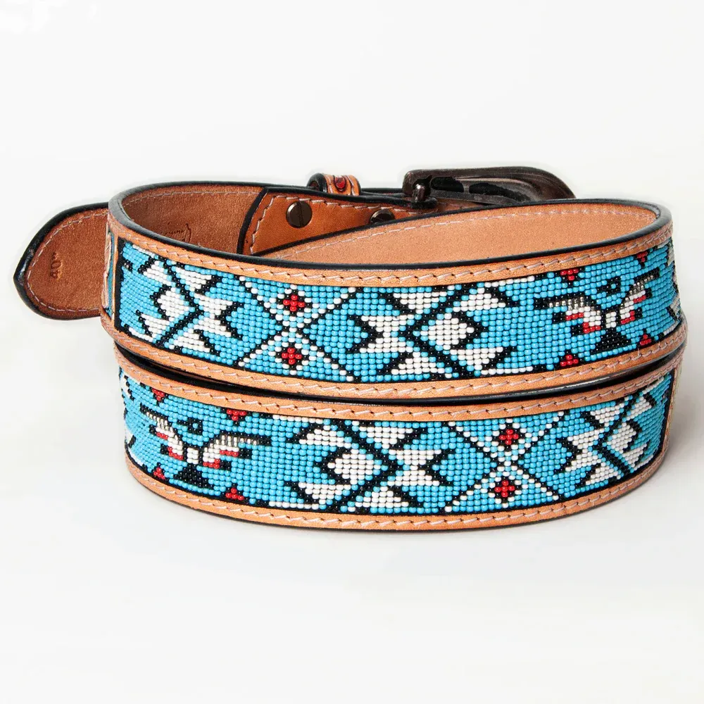 American Darling Women's Hand-Tooled Belt - Turquoise &amp; White Beading, Size: S