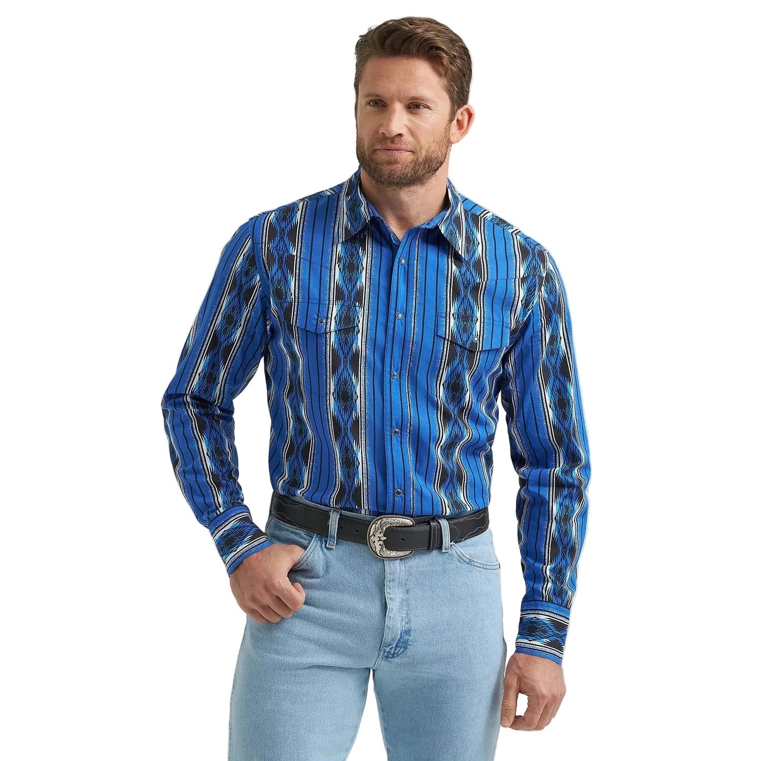 Wrangler Men's Checotah Western Snap Printed Long Sleeve Dress Shirt - Bold Blue
