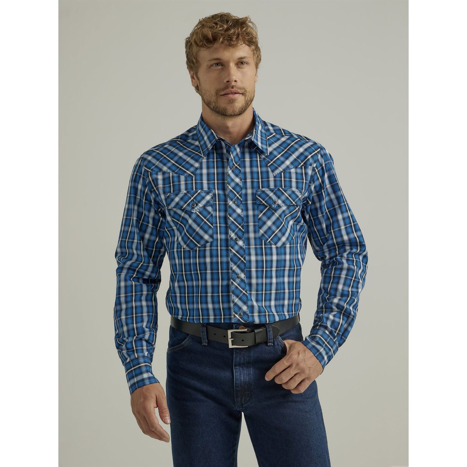 Wrangler Men's Wrinkle Free Long Sleeve Snap Shirt - Navy
