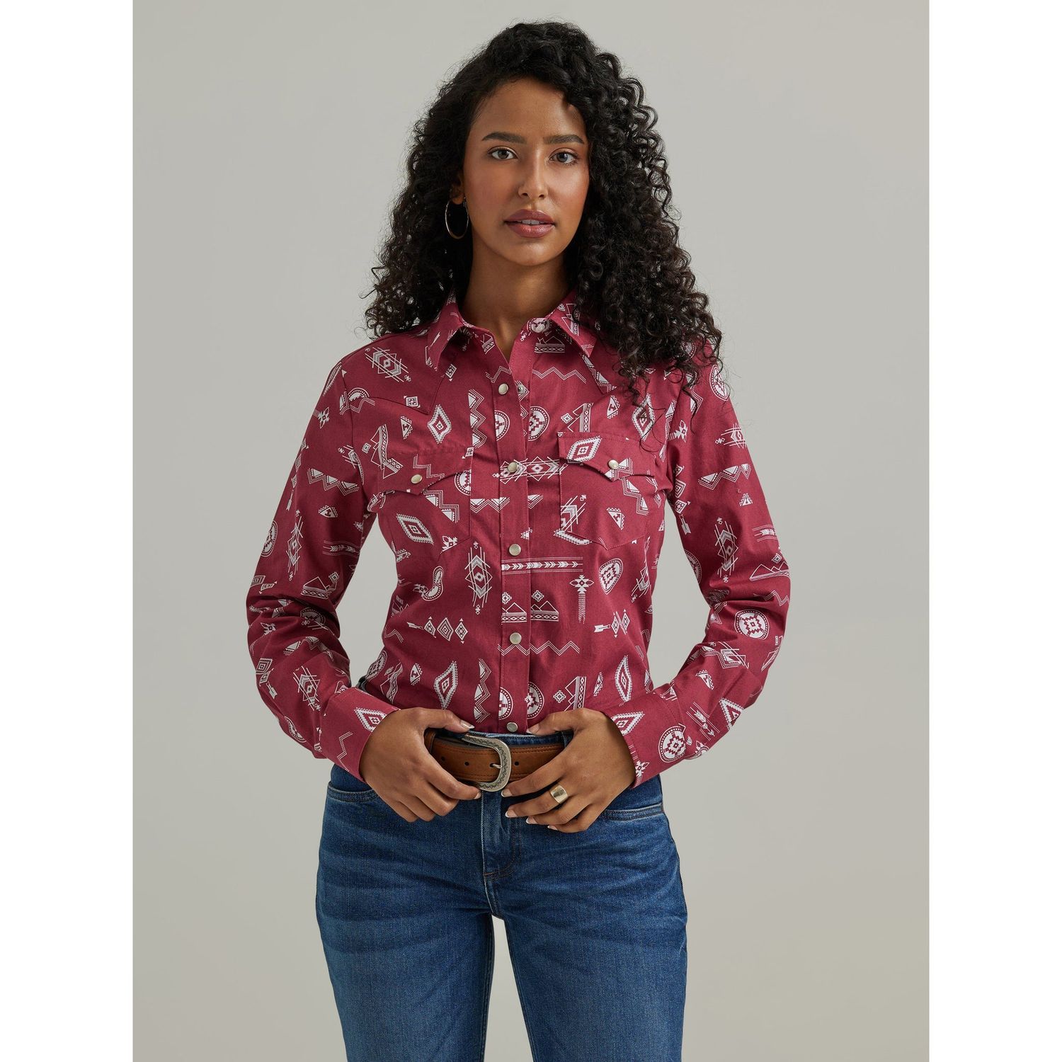Wrangler Women's Long Sleeve Essential Snap Print - Red