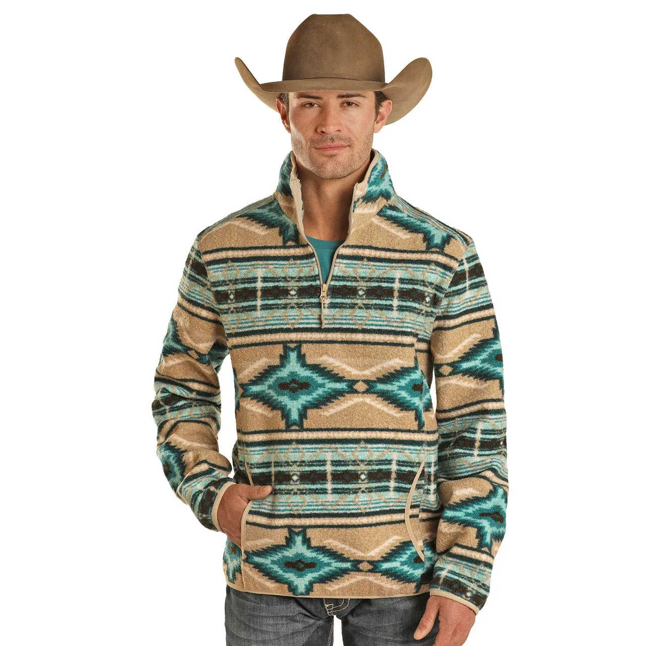 Men's Rock &amp; Roll Aztec Turquoise/Tan Pullover, Size: XXS