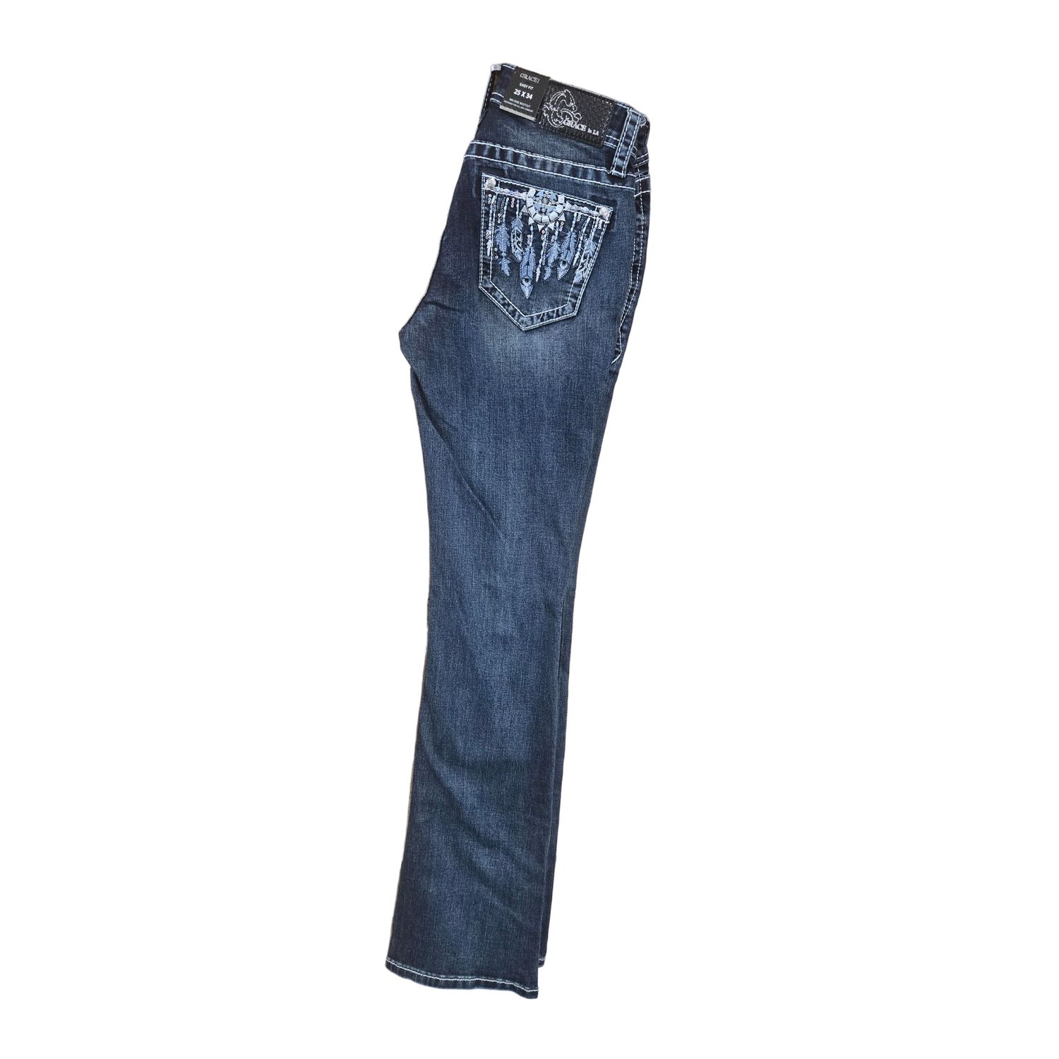 Grace in LA Women's Feather Bootcut Jeans- Blue