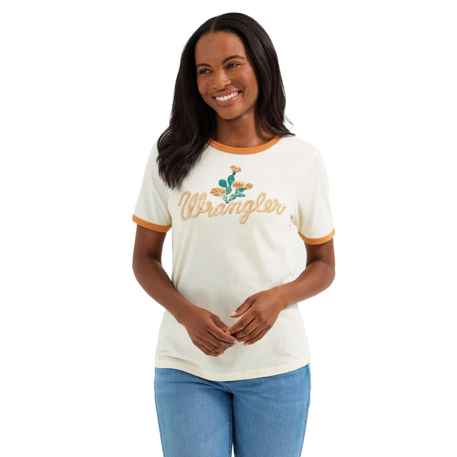 Wrangler Women's Short Sleeve Ringer Floral Cactus Tee Shirt- Antique White Caramel
