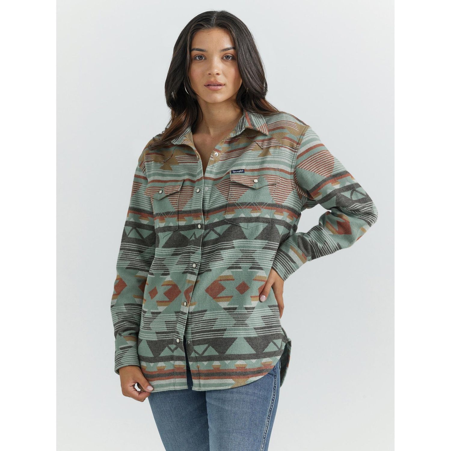Wrangler Women's Retro Boyfriend Western Snap Long Sleeve - Aztec Green