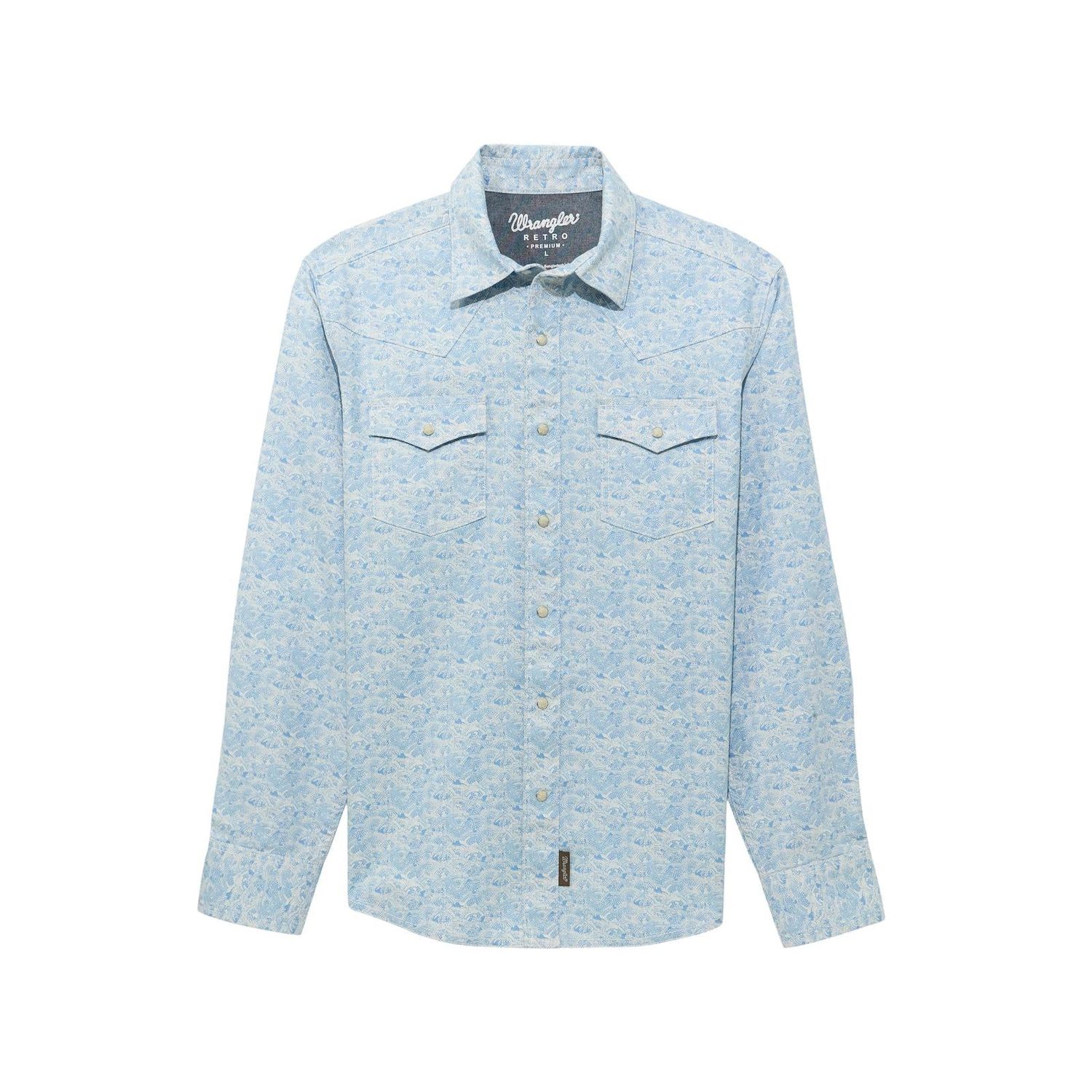 Wrangler Men's Wrangler Retro Premium Modern Fit Long Sleeve Snap Shirt - Multiple Colours, Colour: Blue/White, Size: 2XT