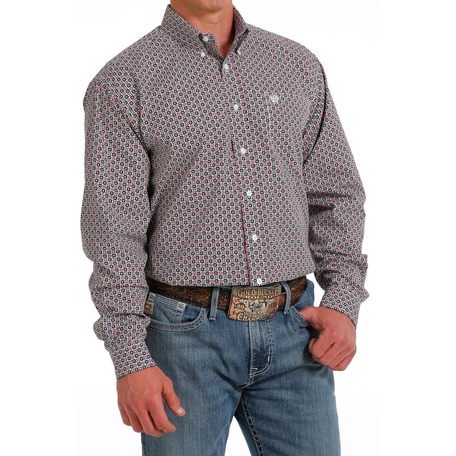 Cinch Men's Medallion Print Button-Down Long Sleeve Western Shirt - Fuchsia/Black