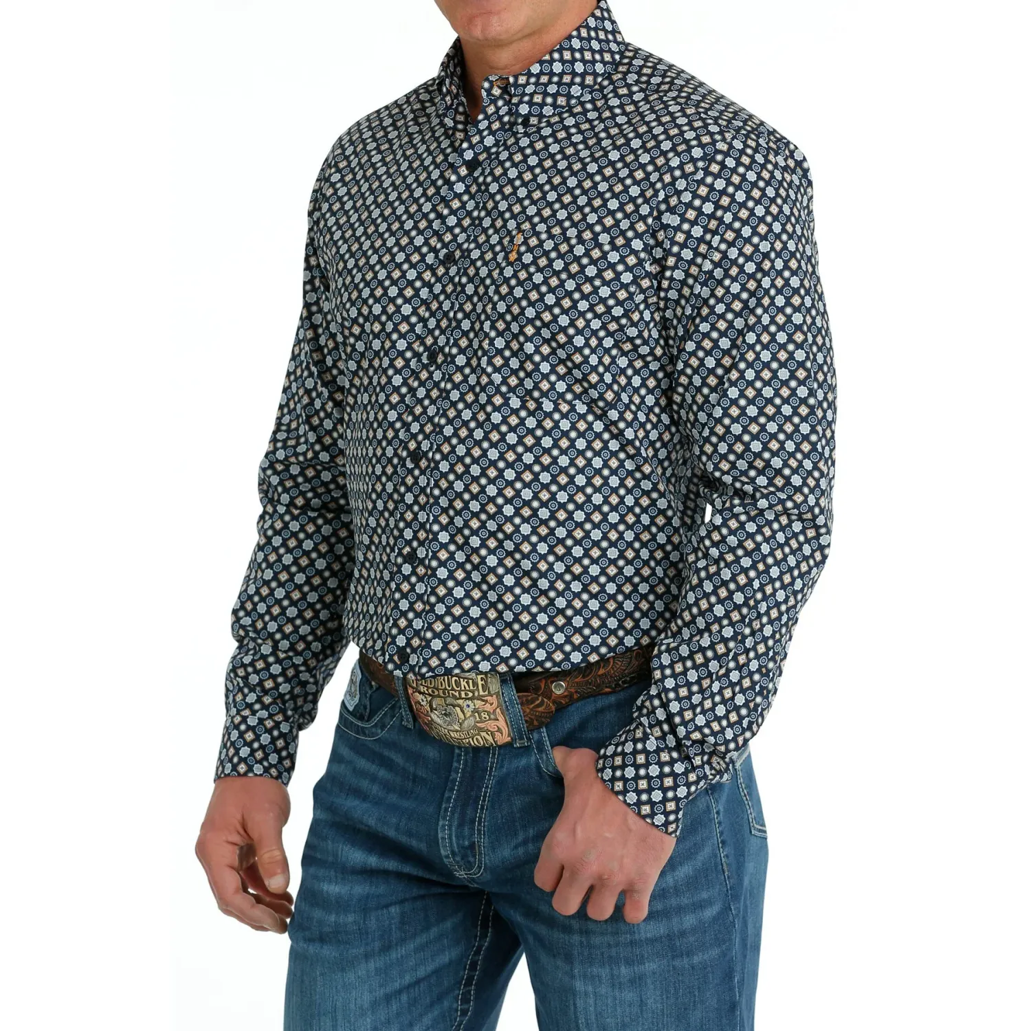 Cinch Men's Long Sleeve Modern Fit Geometric Print Button Down Shirt - Navy