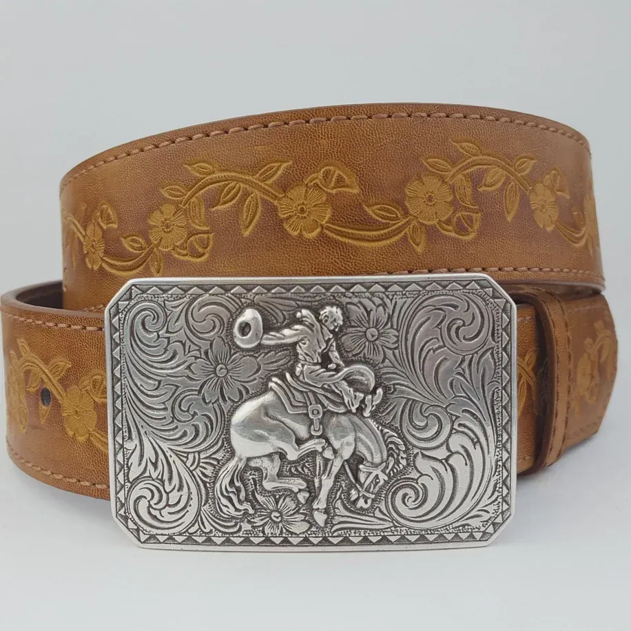 Axesoria West Unisex Rodeo Buckle with Vintage Floral Tooled Belt - Tan