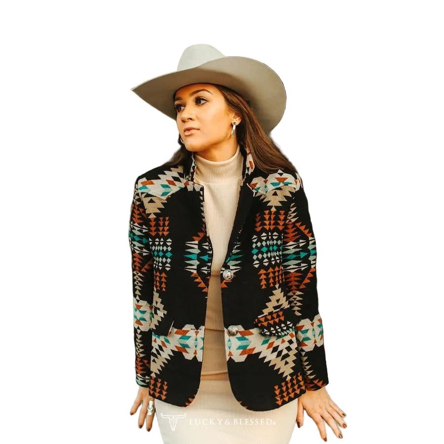 Lucky &amp; Blessed Western Aztec Button Down Blazer - Black