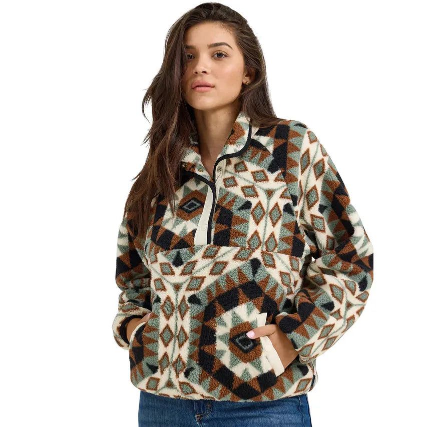 Wrangler Women's Long Sleeve Aztec Sherpa Pullover-Green