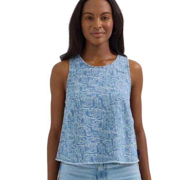 Wrangler Women's Sleeveless Wrangler Logo Crop Tank- Mid Wash