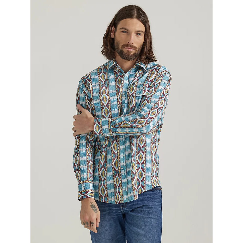 Wrangler Men's Checotah Long Sleeve Western Snap Printed Shirt - Dusty Blue Diamond