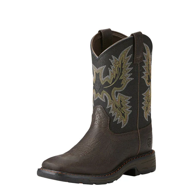 Ariat Youth WorkHog Wide Square Toe Western Boot - Bruin Brown/Black, Size: 1