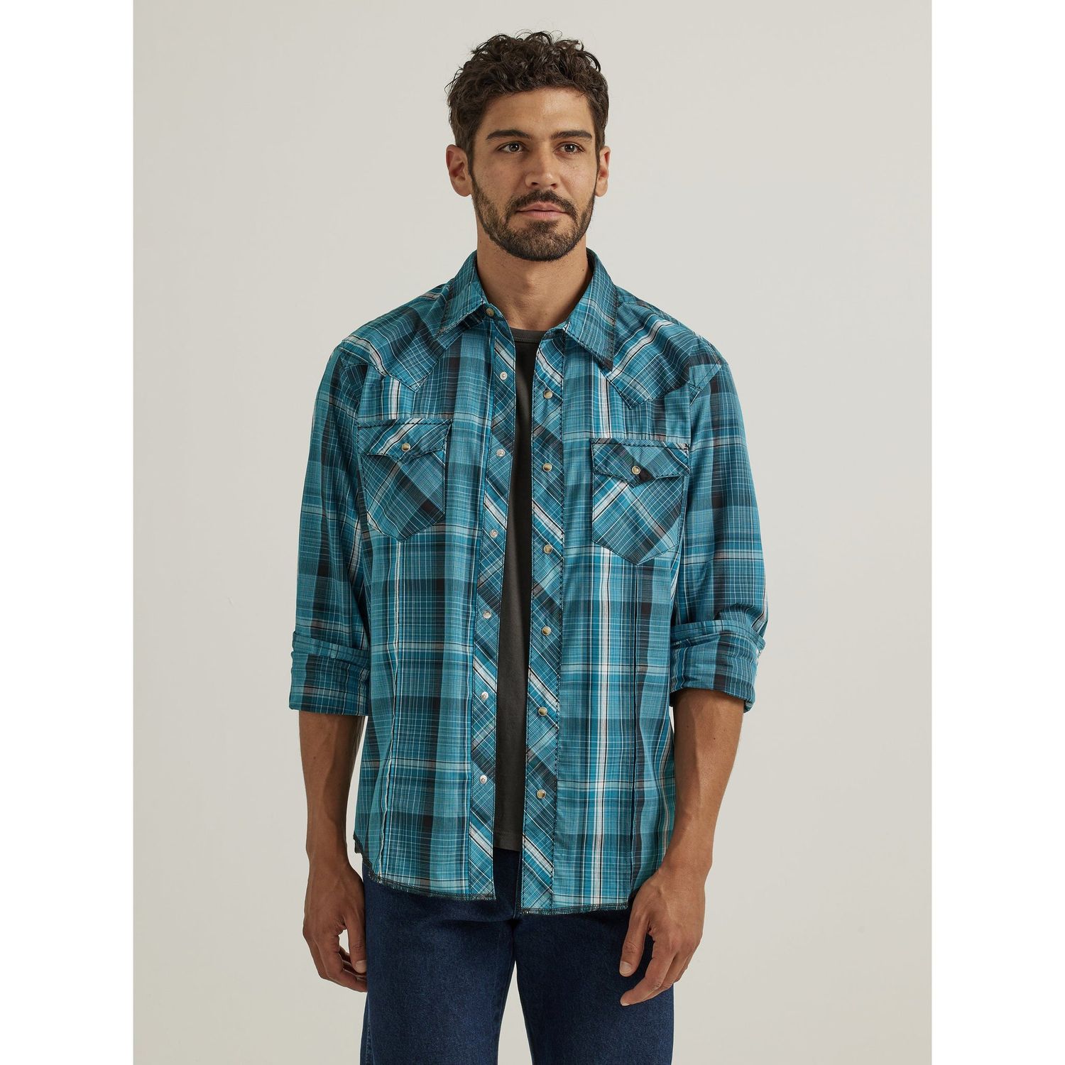 Wrangler Men's Long Sleeve Modern Fit Snap Shirt - Teal