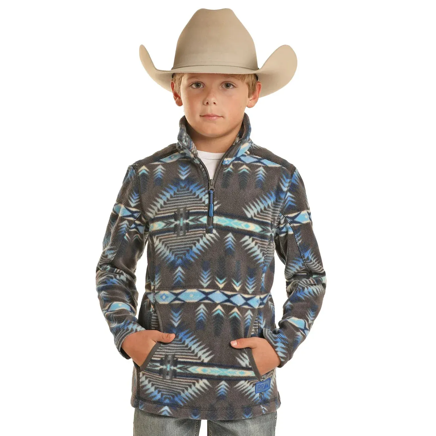 Boy's Rock &amp; Roll Aztec Fleece Pullover, Color: Charcoal/Blue, Size: XS