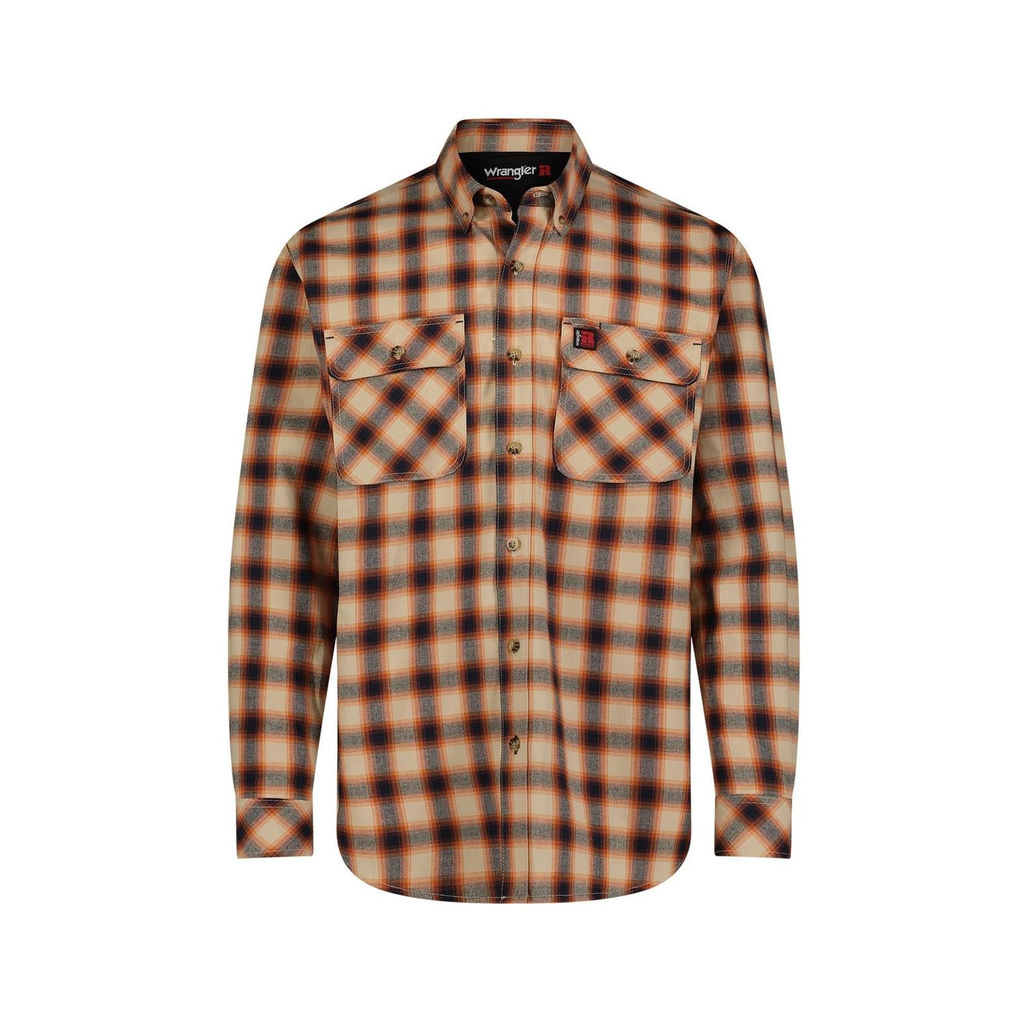 Wrangler Men's RIGGS Foreman Plaid Long Sleeve Workwear Shirt - Orange Tan Plaid