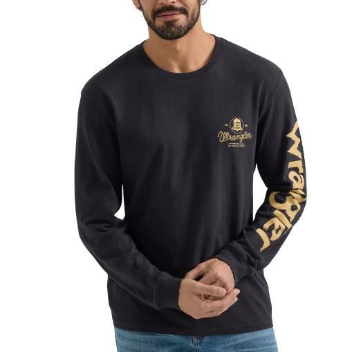 Wrangler Men's Graphic Long Sleeve T Shirt- Washed Black