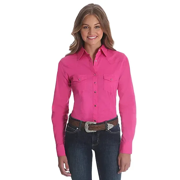 Wrangler Women's Pink Long Sleeve Solid Shirt, Size: XS
