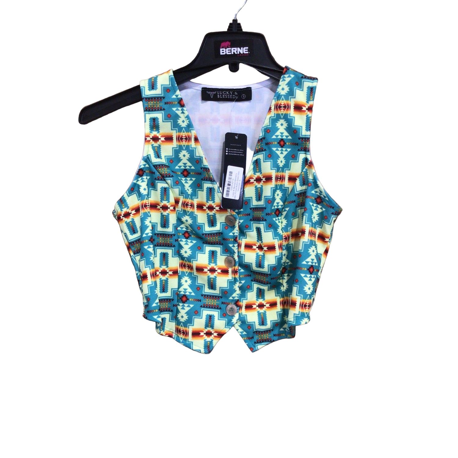 Lucky &amp; Blessed Women's Aztec Printed Button Down Vest- Turquoise