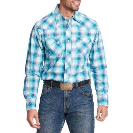 Wrangler Men's 20X Competition Plaid Long Sleeve Shirt - Turquoise/Navy
