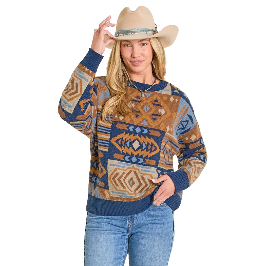 Panhandle Women's Oversized Patchwork Aztec Sweater -Blue