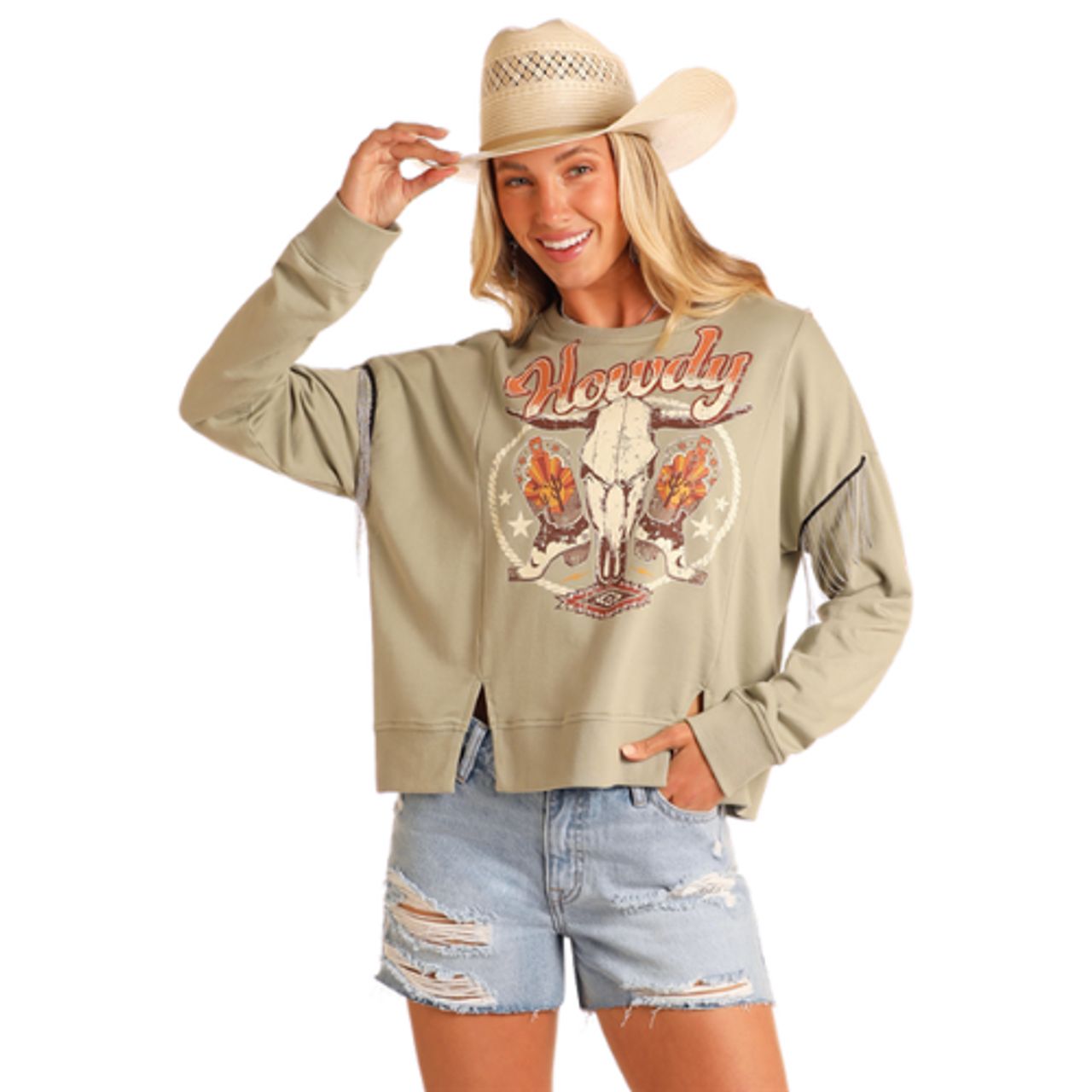 Rock &amp; Roll Women's Long Sleeve Howdy Pullover- Jade
