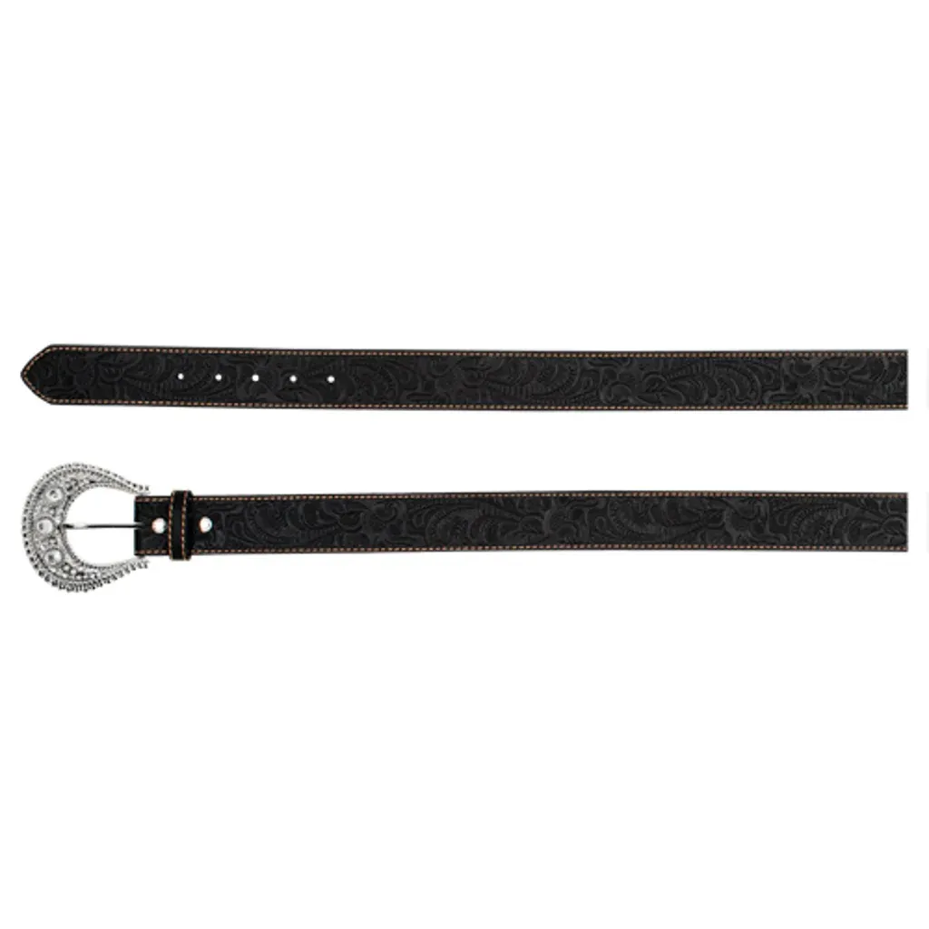 Catchfly Women's Tooled with Rhinestone Buckle Belt - Black