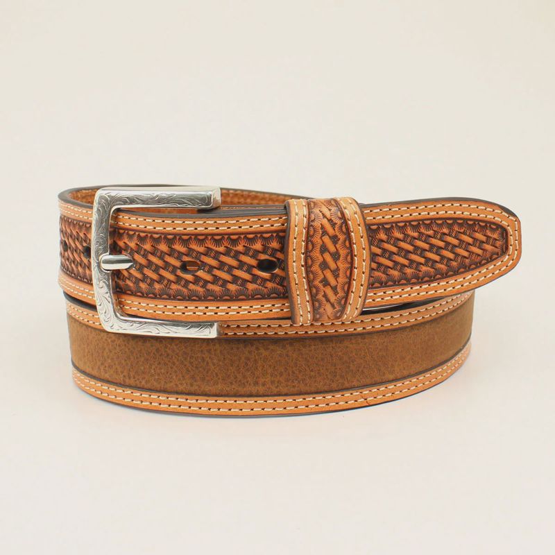 **Ariat Men's Contrast Double Stitching Embossed Basket Weave Western Belt - Medium Brown