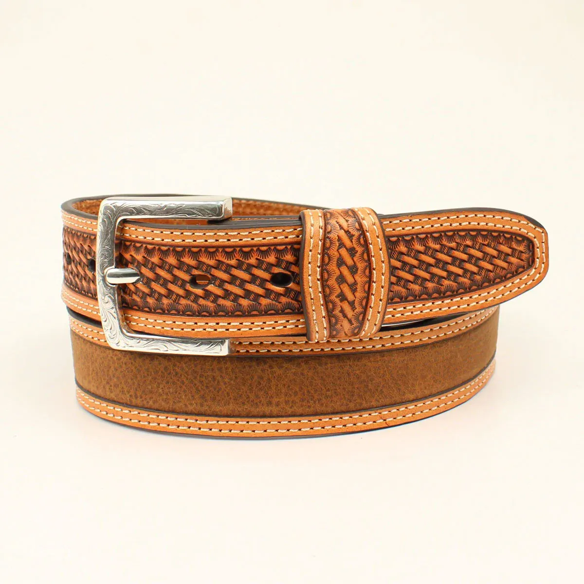 **Ariat Men's Contrast Double Stitching Embossed Basket Weave Western Belt - Medium Brown, Size: 32