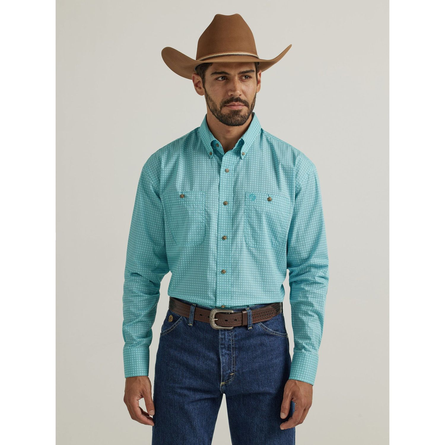 Wrangler Men's George Strait 2 Pocket Long Sleeve Shirt - Teal