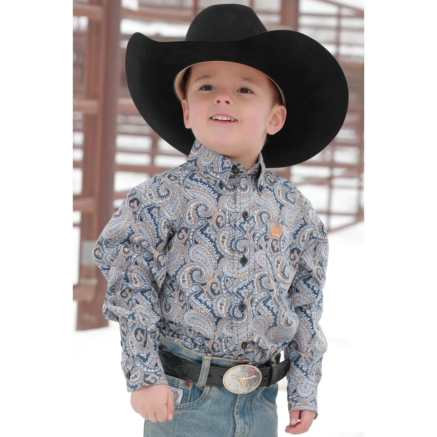 Cinch Toddler Boy's Long Sleeve Paisley Print Button Down Shirt - Navy/Gold Multi