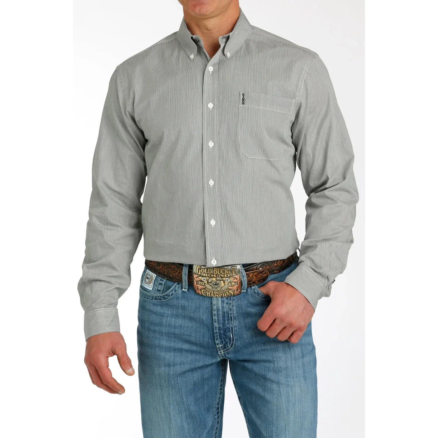 Cinch Men's Long Sleeve Striped Modern Shirt - Charcoal