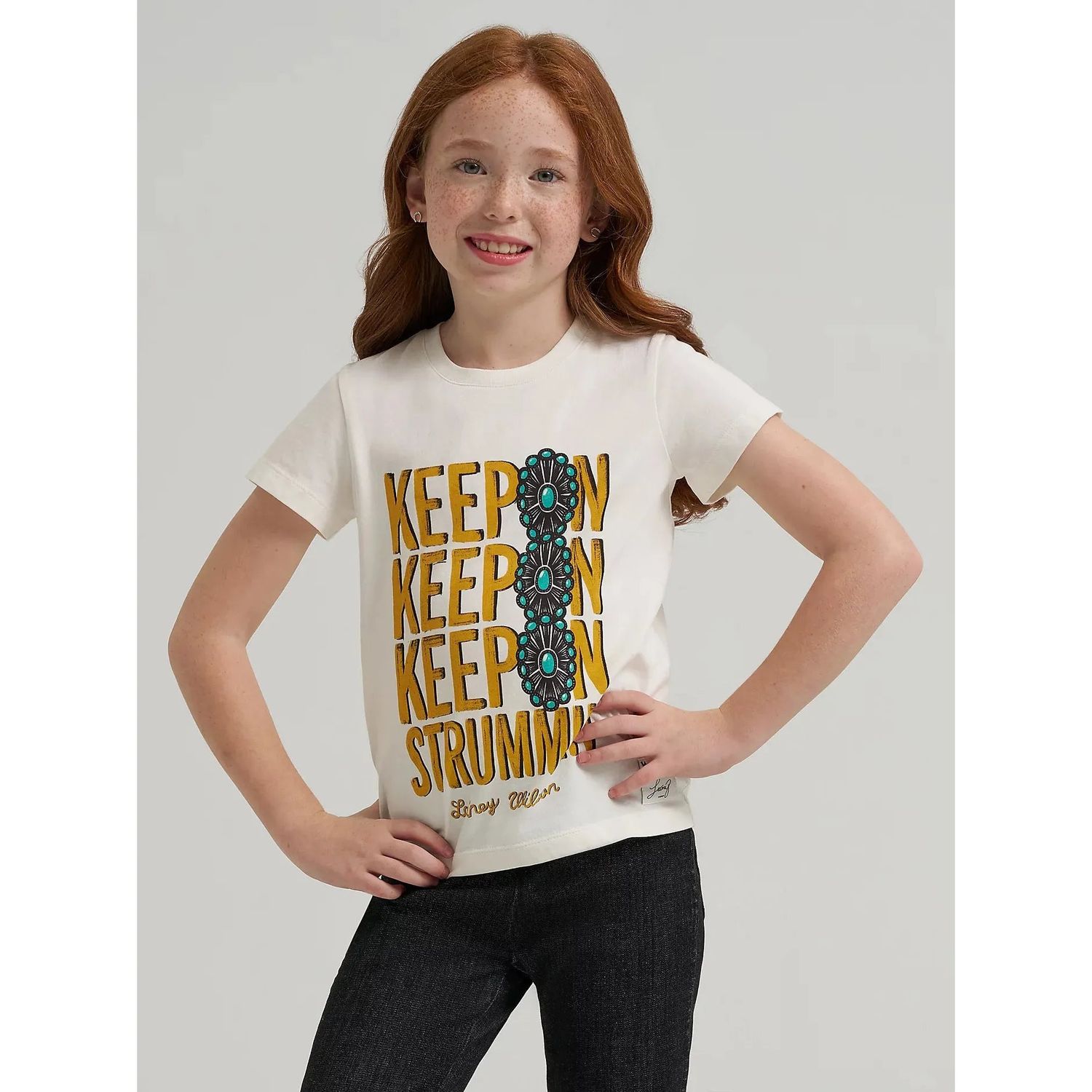 Wrangler Girl's Lainey Wilson Keep On Strummin Short Sleeve Tee Shirt- Cream