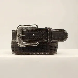 Ariat Mens1 1/2" Brown Basket Weave Belt with Turquoise Underlay, Size: 32